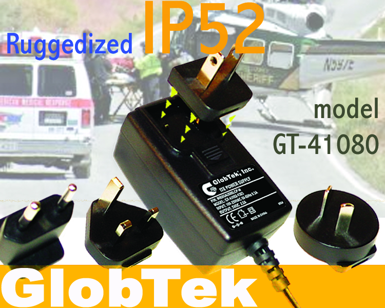 El fuente de modelo GTM41080 representa 18W (Vatios) de uso de pared o “Wall Plug-In” de serie de adaptadores AC / DC con cuchillas intercambiables para GlobTek