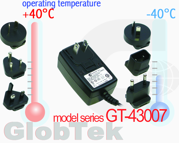 Adaptador eléctrico de potencia en las especificaciones de alimentación de CA Adaptador de temperatura de operación actualizado a -40 ° C hasta +40 ° C para aplicaciones utilizadas en climas y condiciones extremas, modelo serie GT-43007